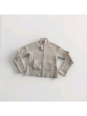 Vtg Gap Zip Cable Knit Wool Sweater Womens M Cream Mockneck Pom Pom Y2K Cottage